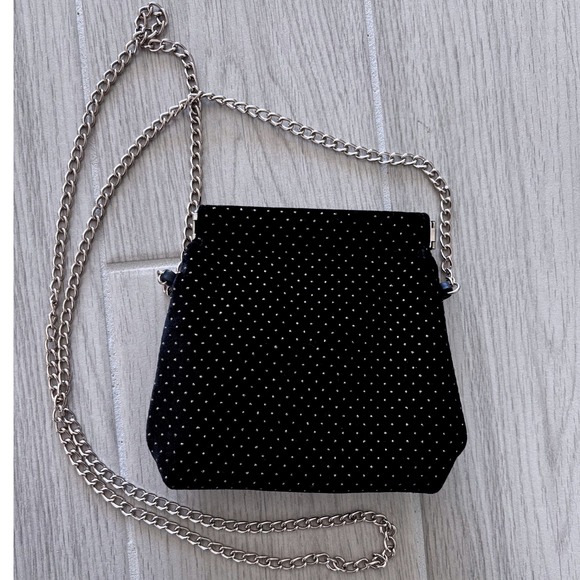 Black Velvet Mini Bag with Silver Dot Embellishment and Chain Strap - Picture 6 of 6